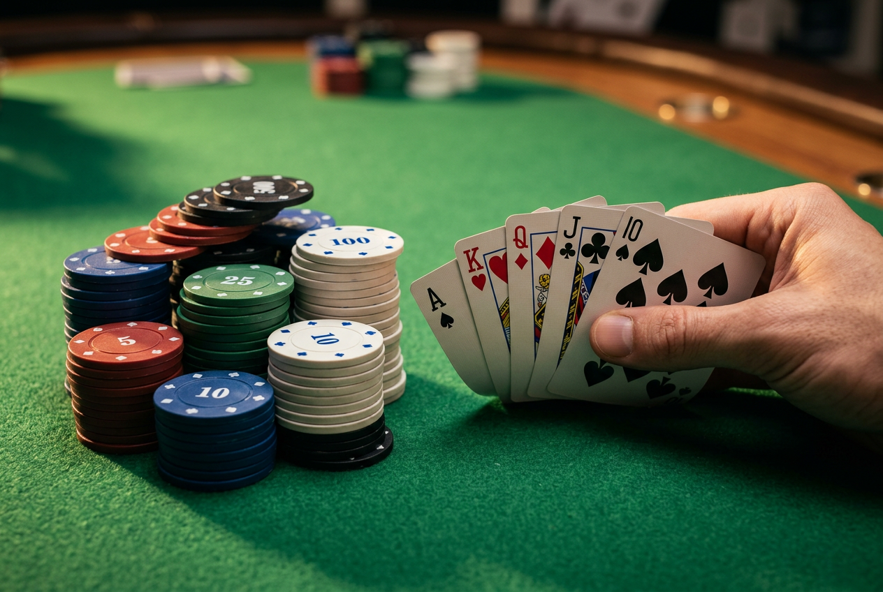Detailní záběr na vyskládané pokerové žetony různých barev a vějíř hracích karet na zeleném plátně s dramatickým bočním osvětlením