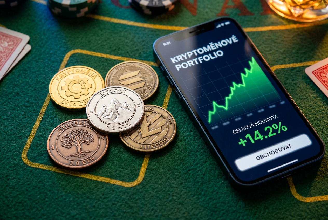 Detailní pohled na kryptoměnové mince a smartphone na hracím stole