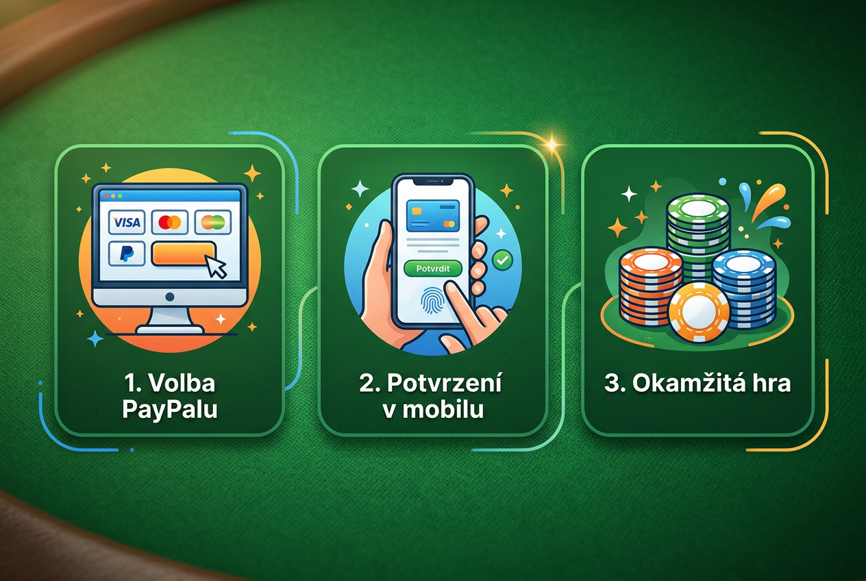 Infografika zobrazující 3 kroky bezpečného vkladu: 1. Volba PayPalu, 2. Potvrzení v mobilu, 3. Okamžitá hra.