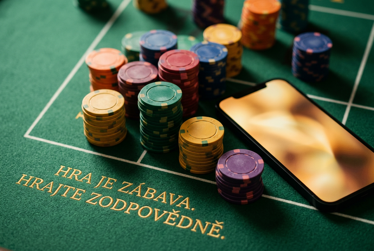 Kasinové žetony a chytrý telefon na zeleném plátně